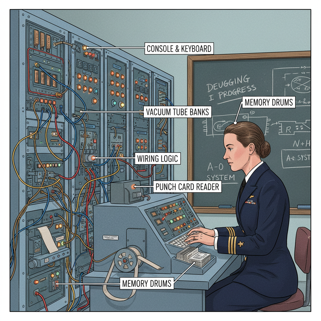 Grace Hopper in her naval uniform, working intently at a console of an early computer, possibly the Mark I or Mark II, with wires and blinking lights visible. Grace Hopper programming early computer