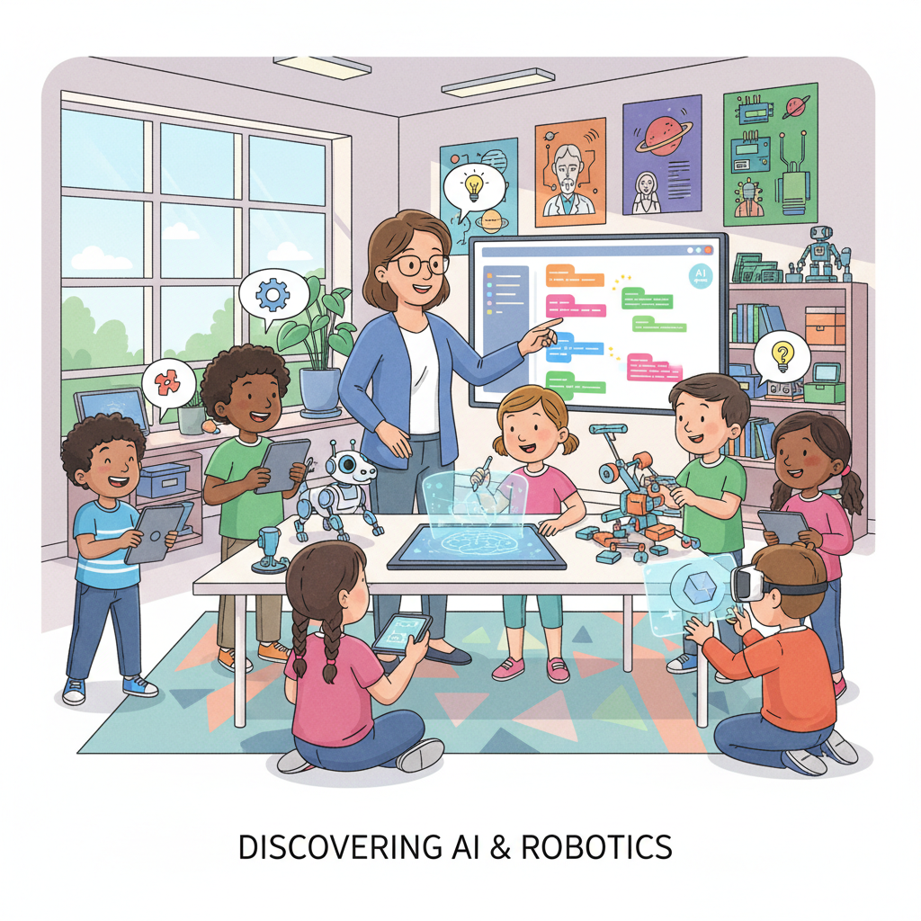 A diverse group of children, aged 6-12, excitedly interacting with a robotic toy or a tablet displaying an AI application, guided by a friendly instructor. The setting is a bright classroom or workshop, emphasizing engagement and practical learning. Kids engaging in Intel AI Global Impact Festival activities
