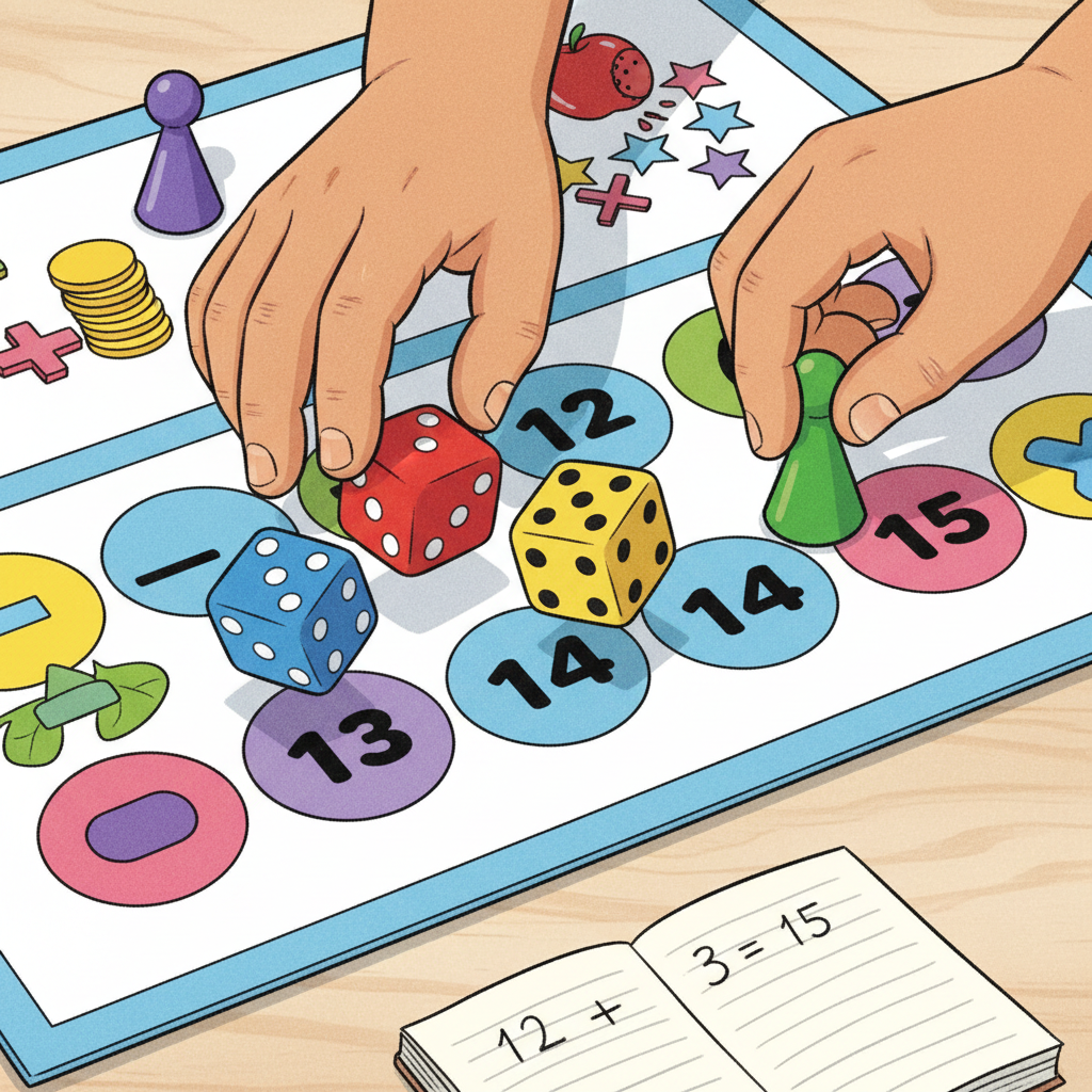 Close-up of children's hands rolling colorful dice and moving game pieces on a board with numbers, illustrating an active math game session. Kids learning math through board games for winter break.