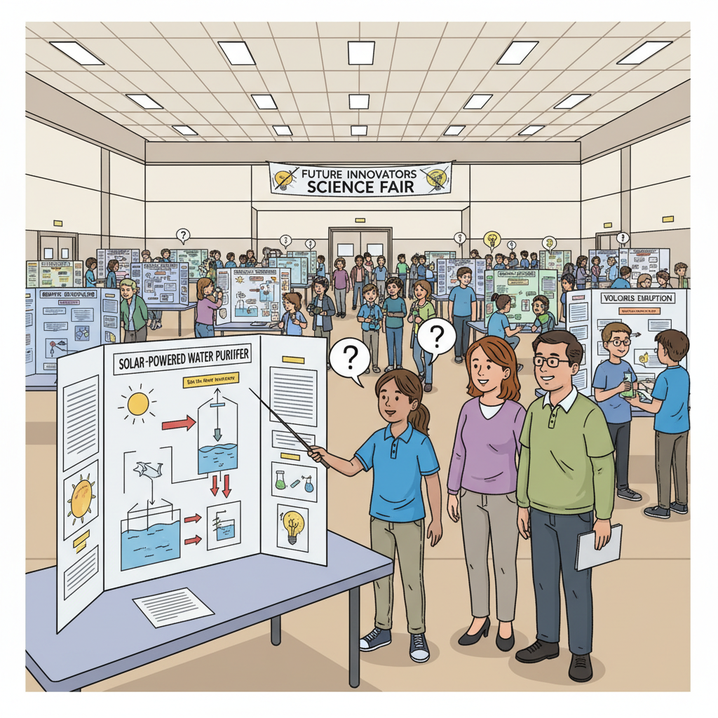 A group of excited middle school students presenting their science fair projects at a bright, bustling competition hall. One student is pointing to a display board, explaining their experiment to a parent. Broadcom MASTERS science fair projects