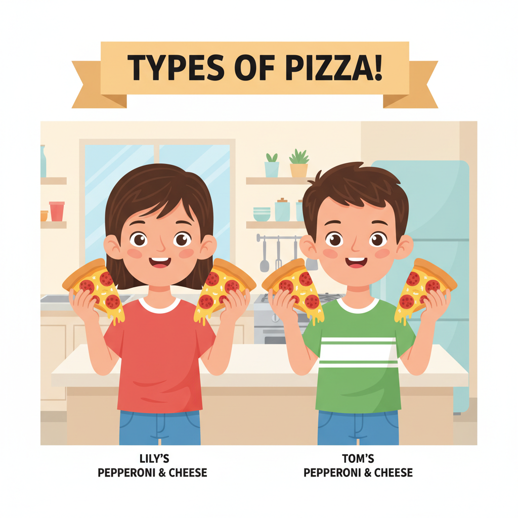 Two children, Lily and Tom, each holding two slices of pizza – one with pepperoni, one with cheese – looking happy and understanding. They are in a kitchen setting. Kids solving real-life fraction problems with pizza