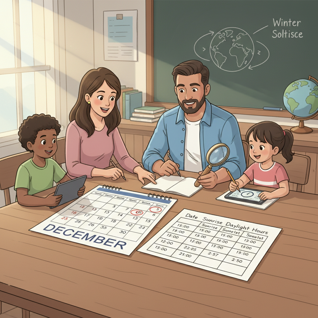 A family sitting together, calculating daylight hours using a calendar and a simple chart, with warm winter tones. Family calculating daylight hours math for December/January