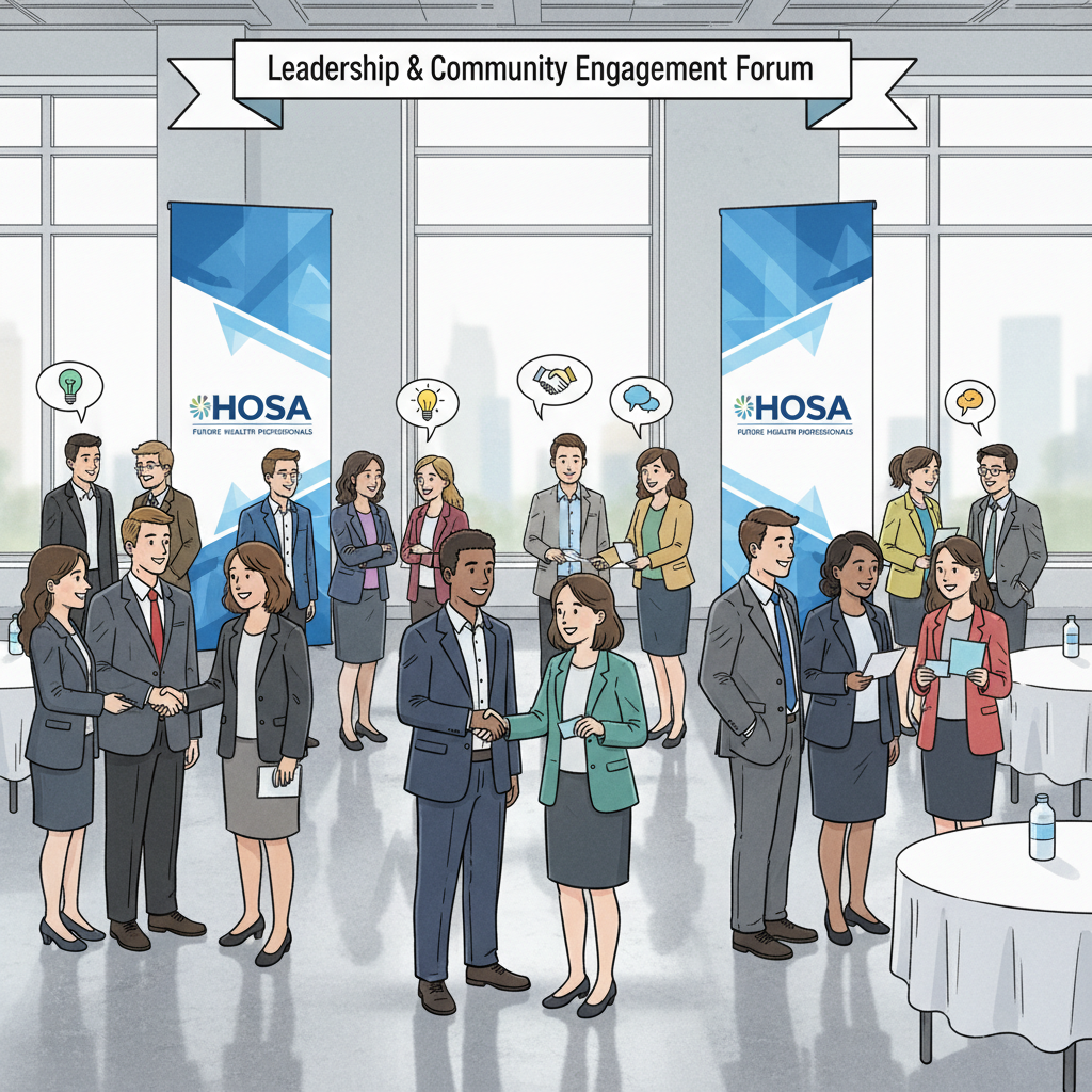 A group of diverse students in professional attire networking at a large conference hall, with HOSA banners visible in the background, conveying a sense of leadership and community. HOSA International Leadership Conference students networking