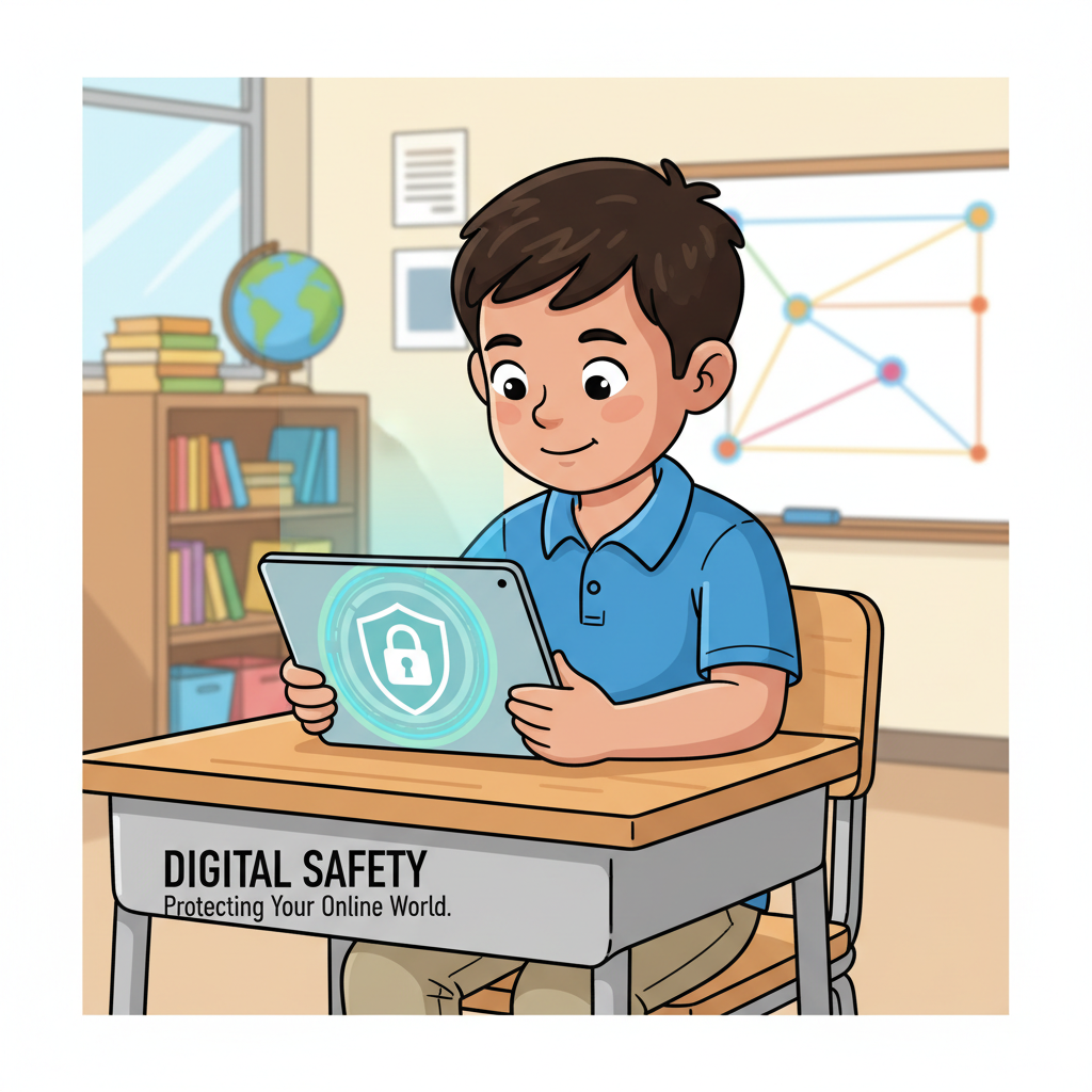 A child looking at a tablet with a shield icon or padlock symbol displayed on the screen, representing digital safety. Cybersecurity Fundamentals for kids