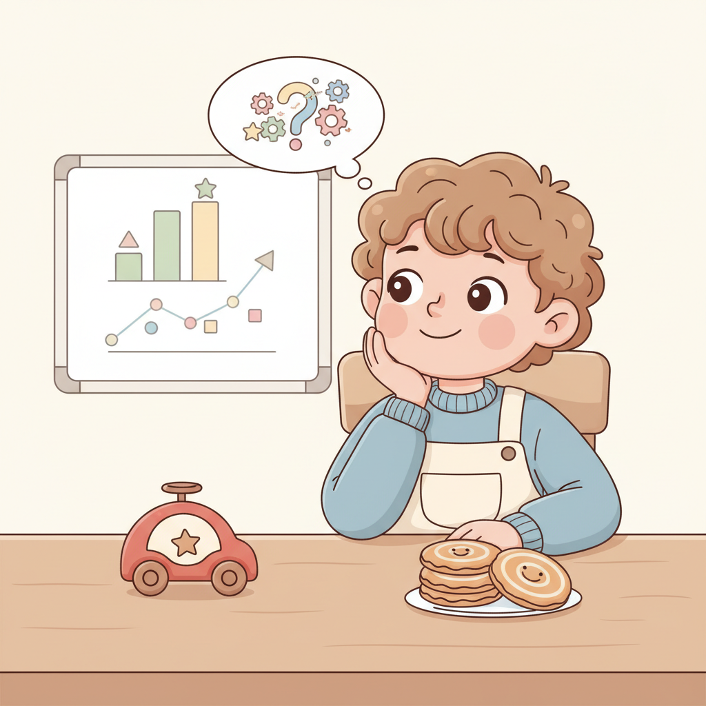 A young child sitting at a table, looking thoughtfully at two different toys or snacks, representing a choice. In the background, there is a subtle, simple line graph or bar chart on a whiteboard, suggesting data or economic concepts. Child making choices, early economics learning, foundational math