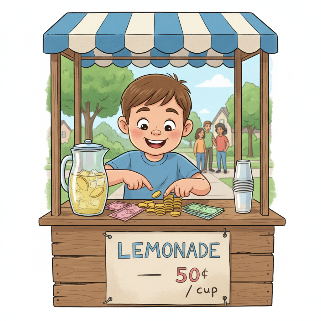 A child around 9-10 years old, enthusiastically counting play money or real coins at a small, homemade lemonade stand. The stand has a simple sign with prices, and the child is focused on the transaction, demonstrating practical application of math. Kids learning economics, math and money, econometrics foundations