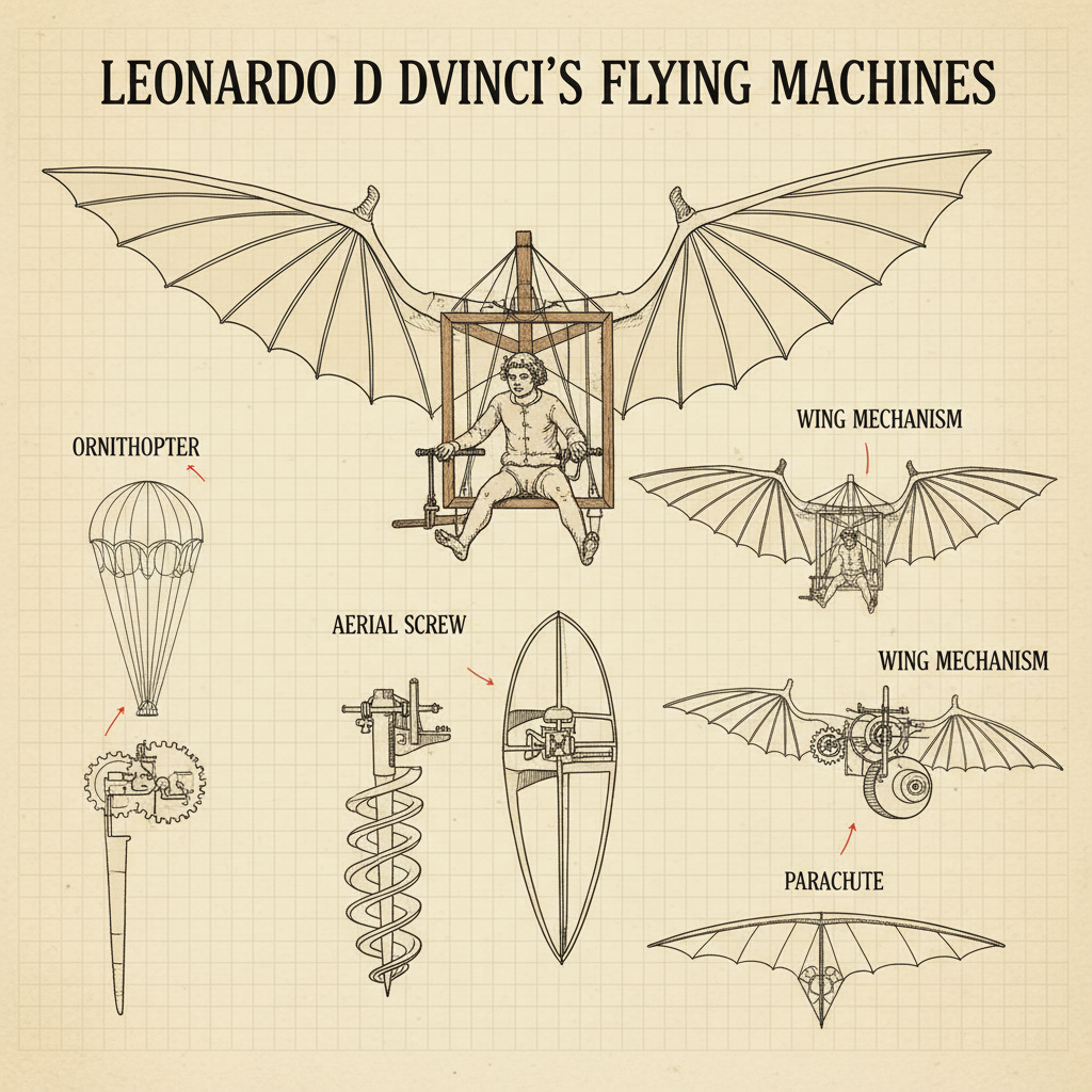 A historical drawing depicting Leonardo da Vinci's early flying machine designs or an illustration of a historical figure associated with early flight concepts. Leonardo da Vinci's math behind airplanes