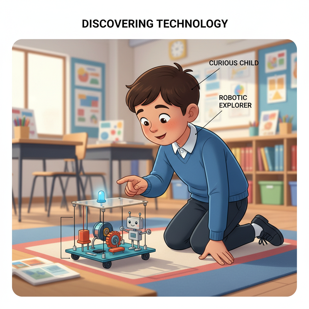 A child looking curiously at a small robotic toy or a simple circuit board, representing inspiration and engagement with technology. Child inspired by Grace Hopper's story