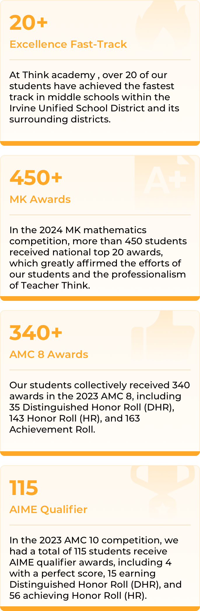 Think Academy's achievements: 20+ Excellence Fast-Track, 450+ MK Awards, 340+ AMC 8 Awards, 115 AIME Qualifier